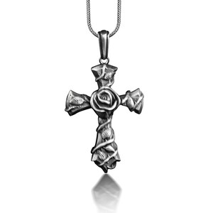 Rose in Cross Pattee Necklace For Men, Oxidized Floral Cross Necklace in Sterling Silver, Medieval Christian Cross Pendant For Boyfriend image 6