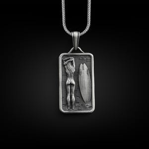 Surfer and Surfboard Engraved Necklace, 925 Sterling Silver Customizable Necklace, Personalized Necklace, Hawaiian Jewelry, Sympathy Gift