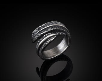 Silver Feather Ring, Sterling Silver Men Jewelry, Oxidized Feather Ring, Adjustable Bird Feather Accessory, Bird Feather Ring, Men Gift Ring