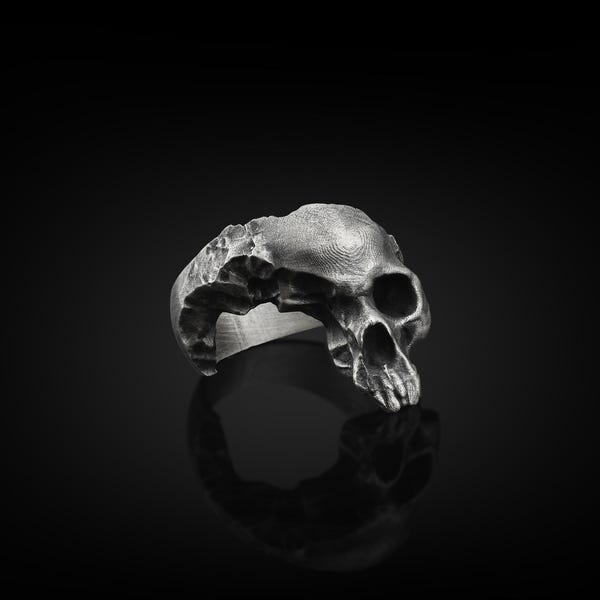 Wounded Skull Handmade Sterling Silver Men Biker Ring, Skull Gothic Ring, Skull Punk Ring, Wounded Skull Silver Men Jewelry, Ring for Men