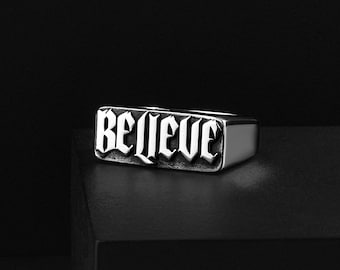 Gothic Biker Silver Men's Ring with BELIEVE Engraved, Handmade Luxury Biker Jewelry Gift Rings for Boyfriend