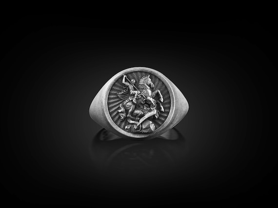 St George of Lydda Faith Ring For Men, Saint George Christian Ring For Family, Pinky Signet Ring in Oxidized Silver, Religious Ring For Dad