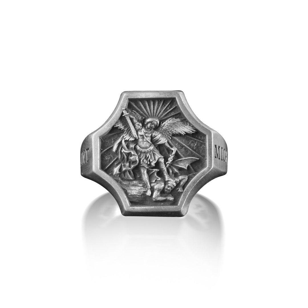 Archangel Michael Men Ring in Sterling, Michael Defeating Satan