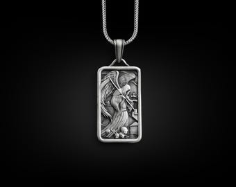 Winged Azrael Personalized Necklace, Angel Of Death With Scythe Customizable Necklace, Best Friend Necklace, Gothic Necklace, Horror Art