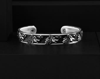 Sterling Silver Wolf with Paw Spirit Cuff Men's Bracelet, Personalized Viking Gift Jewelry for Wedding