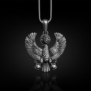 God horus pendant necklace for men in silver, Eye of horus and falcon necklace with ankh, Egyptian mythology necklace