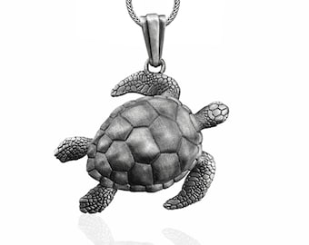 Sterling Silver Handmade Sea Turtle Necklace, Big Turtle Men Pendant, Solid Silver Sea Jewelry, Ocean Turtle Charm With Foxtail Chain