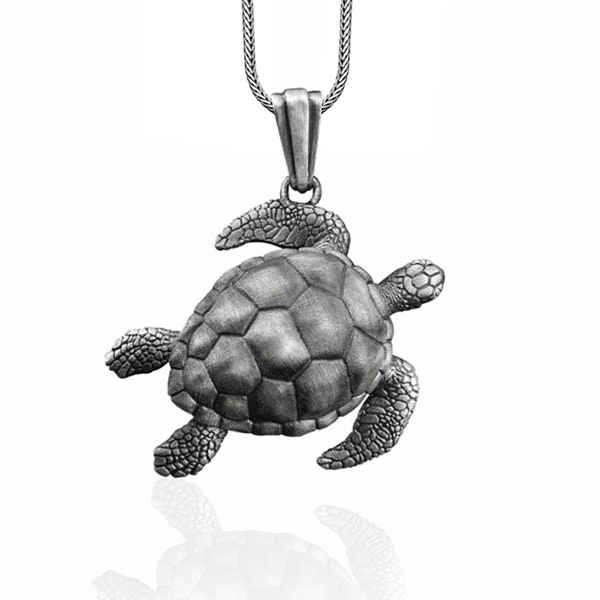 Collier tortue de mer fait main en argent sterling, pendentif homme grosse tortue, bijoux de mer en argent massif, breloque tortue de mer avec chaîne sétaire