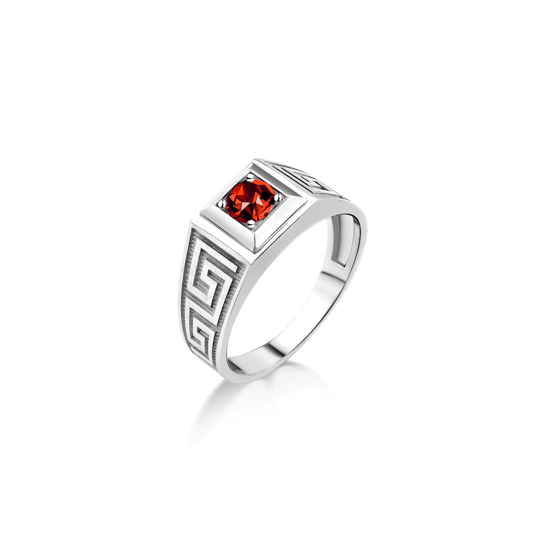 Red Ruby Stone Cool Mens Ring in Sterling Silver, Clear Ruby Stone