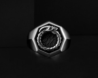 Ouroboros Dragon Signet Men's Ring in Silver, Personalized Viking Mythology Wedding Jewelry Rings for Husband