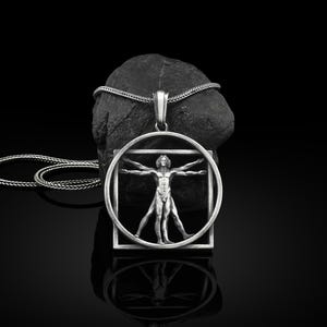 Vitruvian Man Handmade Silver Necklace, Da Vinci Renaissance Art Silver Men Jewelry, Vitruvian Sterling Silver Pendant, Vitruvius Men&#39;s Gift