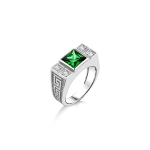 Greek symbol with green emerald silver men ring, Sauare cut emerald ring with pave CZ, Engraved greek motif men ring, Emerald stone men ring
