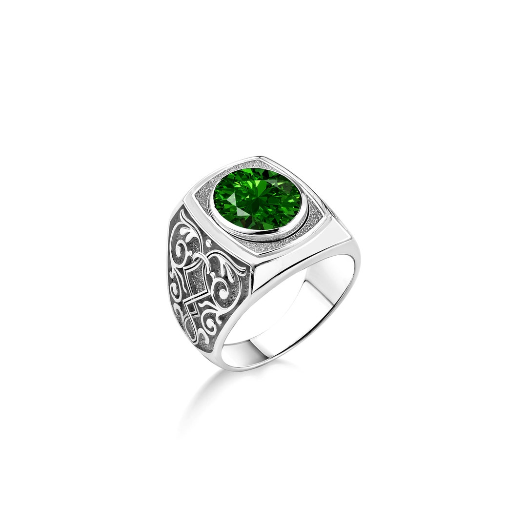 Victorian Wide Band Men Ring With Green Emerald, Engraved Lily on Side Emerald Silver Ring for