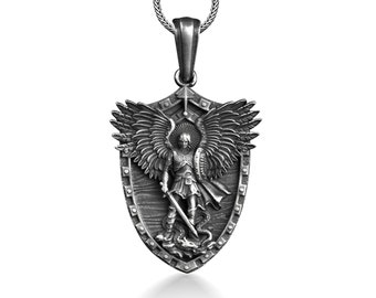 St Michael Archangel Shield Necklace, Saint Michael Archangel Pendant For Christian, Oxidized Faith Necklace in Silver, Protection Necklace