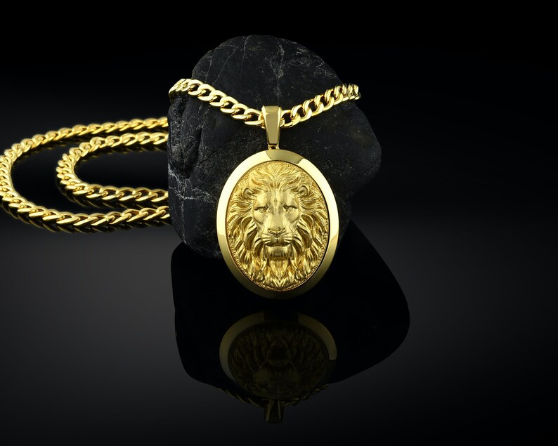 Personalized Gold Mens Lion Necklace 18K Gold Oval Lion Etsy