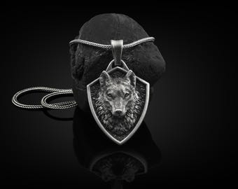 Norse Mythology Wolf Handmade Sterling Silver Men Charm Necklace, Viking Wolf Jewelry, Fenrir Wolf Head Pendant with Chain, Animal Necklace