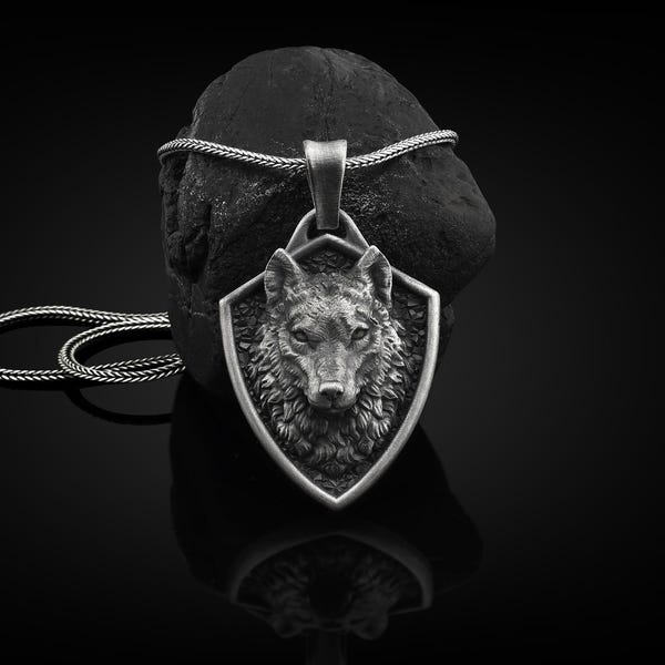 Norse Mythology Wolf Handmade Sterling Silver Men Charm Necklace, Viking Wolf Jewelry, Fenrir Wolf Head Pendant with Chain, Animal Necklace