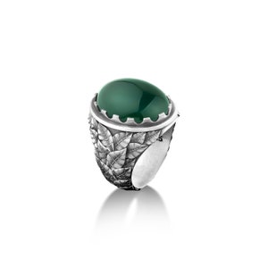 Grüner Achat Ring handgefertigt für Männer, Sterling Silber Ring mit großer ovaler grüner Jade für Männer, Schmuck für Männer