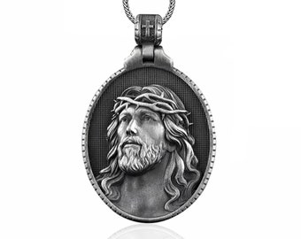 Silver Jesus Mens Necklace, Christ Jesus Solid Silver Man Medallion, Religious Jewelry, Silver Jesus Men Charm, Christian Catholic Pendant