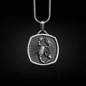 Engraved scorpion pendant necklace in silver, Personalized animal necklace for men, Scorpio zodiac sign necklace for dad