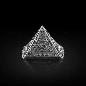 Eye of Providence Ring for Men, Sterling Silver Illuminati Symbol Floral Ring, Handmade Jewelry for Men, Secret Society, Oxidized Gift Ring