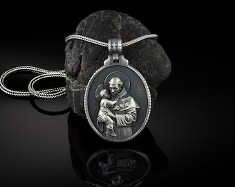 Silver Saint Anthony Necklace, Saint Anthony Mens Pendant, St Anthony Medallion, Religious Silver Charm, Christian Jewelry, Catholic Pendant