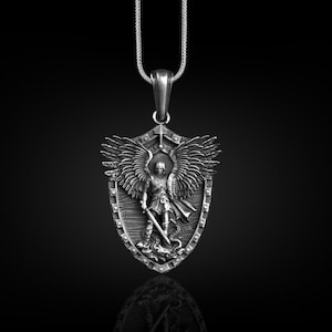 St Michael Archangel Shield Necklace, Saint Michael Archangel Pendant For Christian, Oxidized Faith Necklace in Silver, Protection Necklace