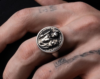 Signet Silver Men's Ring with Saint George and Dragon Engraved, Personalized Wedding Gift Jewelry for Christians