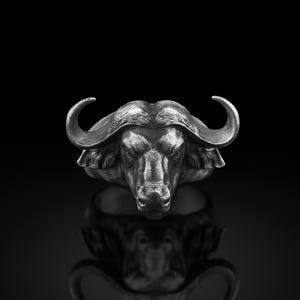 Buffalo handmade sterling silver ring for dad, Buffalo head cool mens ring for husband, Bison mens fashion ring for son