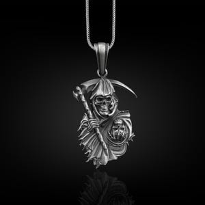 Grim reaper pendant necklace for men, Oxidized gothic skeleton necklace in silver, Angel of death necklace for boyfriend
