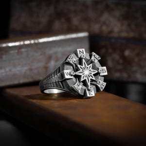 North star compass silver gift ring for mens, Everyday use signet traveler man ring, Seal compass signet ring jewelry, Bestfriend gift rings
