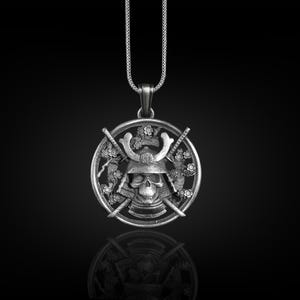 Sakura Samurai Necklace, Silver Dead Samurai Necklace, Swords Jewelry, Japanese Pendant, Sterling Silver Oxidized Trendy Boyfriend Necklace