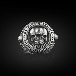 Gemini Memento Mori Zodiac Ring, Twin Skull Gothic Ring For Boyfriend, Signet Ring For Men in Silver, Punk Ring, Birthday Gift For Him