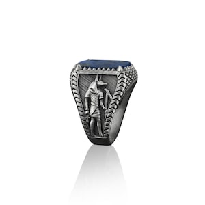 Egyptian god of death Anubis lapis men silver rings, Anubis engraved lapis lazuli gemstone man ring in 925 sterling silver, Signet men ring