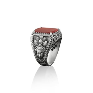 Unique Indian god Brahma with carnelian stone silver men ring, 925 sterling silver red agate gemstone ring,  Brahma wedding men silver rings