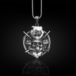 Samurai 3D Mens Necklace, Japanese Samurai Skull Charm, Medieval Necklace, Katana Jewelry, Handmade Sword Pendant, Sterling Silver Necklace