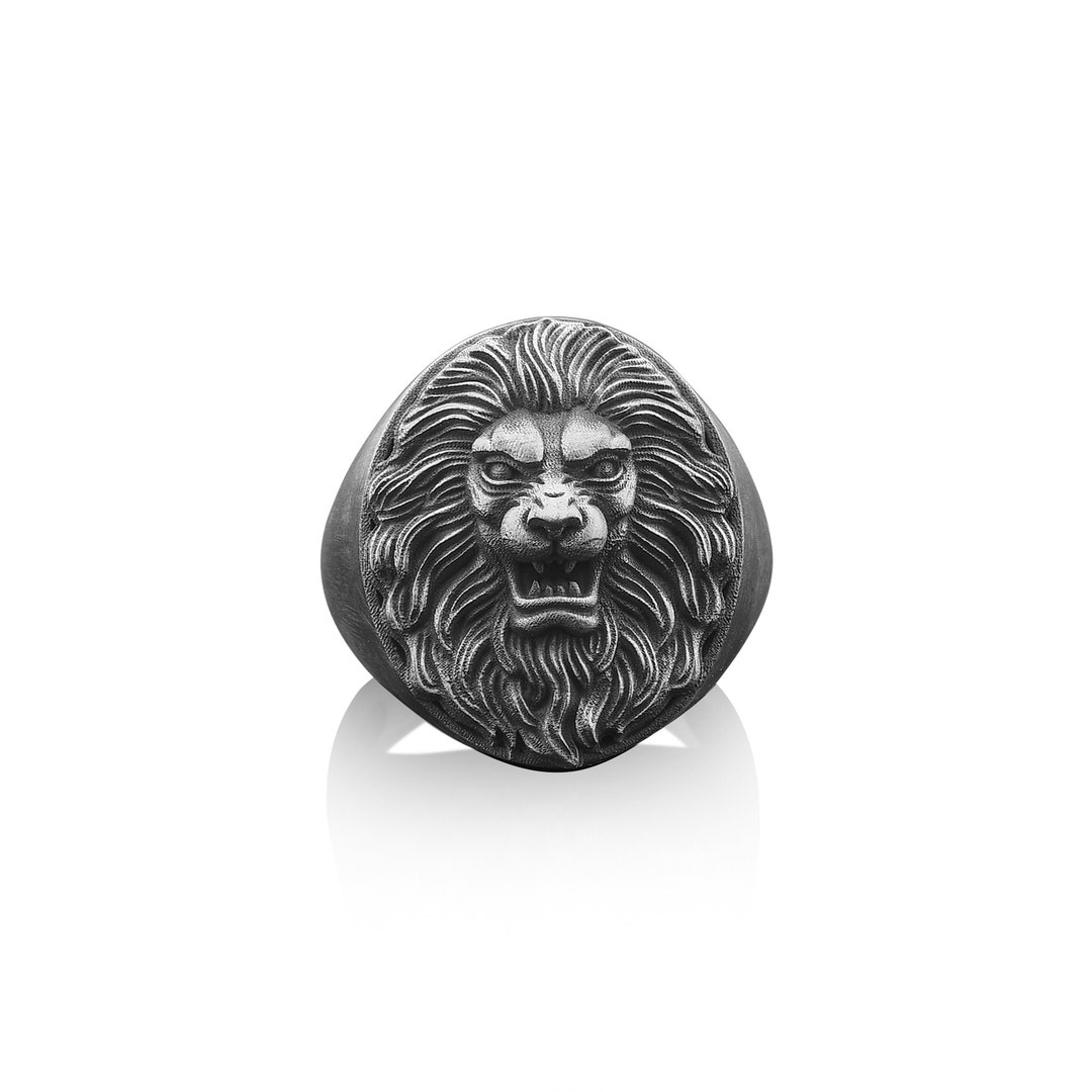 Solid Silver Lion Man Ring, Large Lion Ring, Mens Lion Jewelry