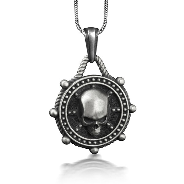 Collier tête de mort au milieu de roue de bateau, collier de pirate oxydé en argent sterling, collier nautique gothique pour pêcheur, cadeau de capitaine de bateau