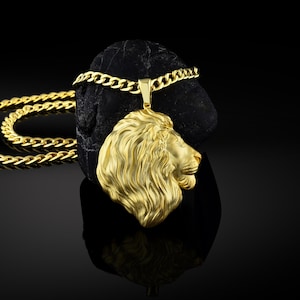 Personalized 18K gold maned lion necklace for men, 14k or 18k golden lion pendant jewelry with custom name, Animal gift necklace for husband