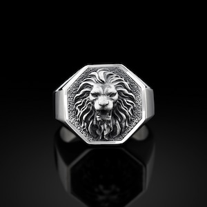 Lion Men&#39;s Ring, Handmade Sterling Silver Lion Signet Men Ring, Wild Lion Men Ring, African Lion Men Jewelry, Wedding Gift Ring For Mens
