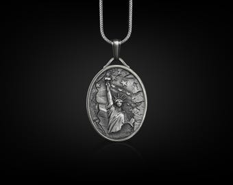 自由の女神像シルバーメンズネックレスペンダント、自由の女神像