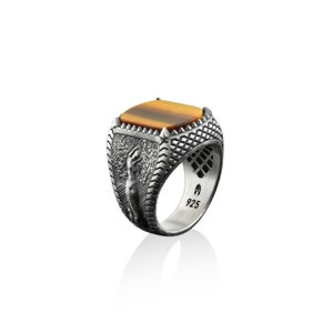 Tiger&#39;s eye signet men ring with tree nymph Dryad engravings, 925 sterling silver signet ring, Elegant mythology ring for him, Ring for mens