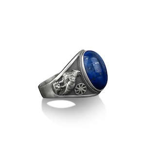 Blood eagle of the Vikings mythology men ring, Oval cut lapis lazuli gemstone men ring for women, 925 sterling silver norse signet rings
