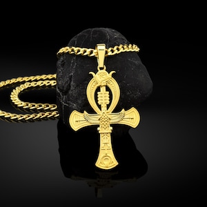 Custom engraved 14k gold ankh egyptian men necklace, 10k egyptian cross pendant, 18k gold ankh man pendant with chain, Egyptian mens gift