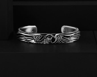 Winged Eagle Handmade Sterling Silver Men's Cuff Bracelet, Customizable Biker Gift Jewelry for Wedding