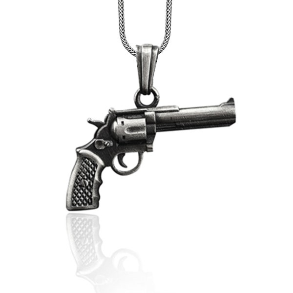 Collier homme gros pistolet en argent, pendentif breloque revolver pistolet, collier cow-boy policier, pendentif pistolet en argent, collier cadeau mari