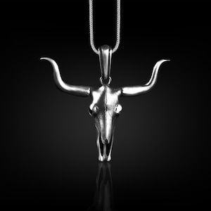 Bull Animal Skull Necklace For Men, Oxidized Goth Necklace in Sterling Silver, Punk Necklace For Boyfriend, Western Necklace For Dad
