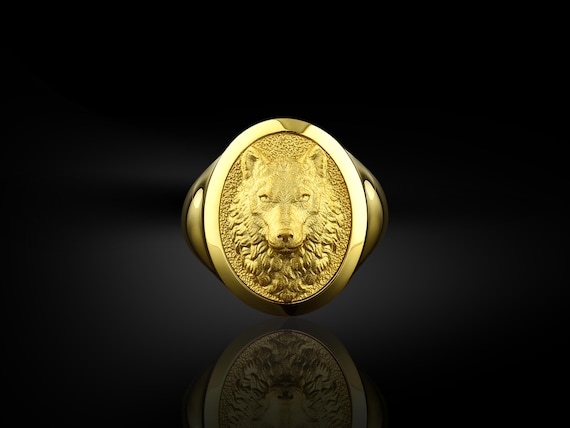 Male wolf in oval 14k gold signet ring, Scandinavian wolf head mens signet ring in 18k gold, Gold statement ring for men, Anniversary gift