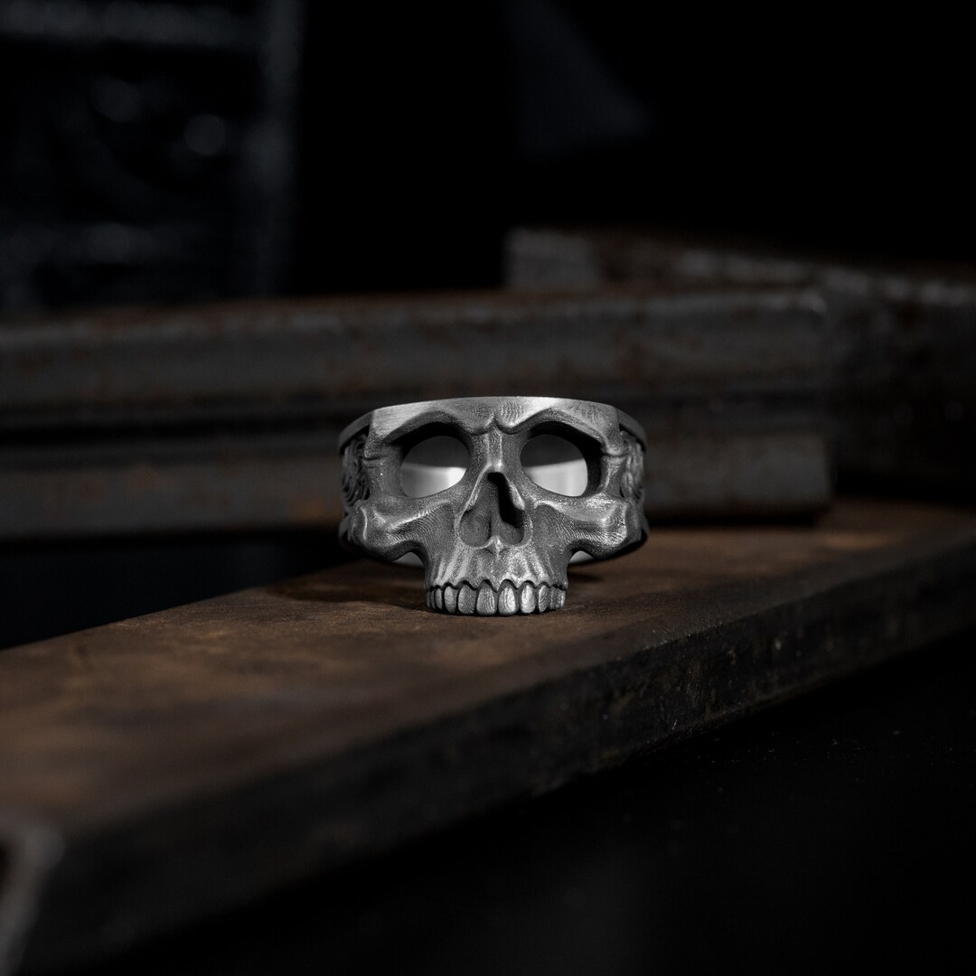 Sterling Silver Men Skull Rings With Flowers Pattern, Good Gift Signet ...