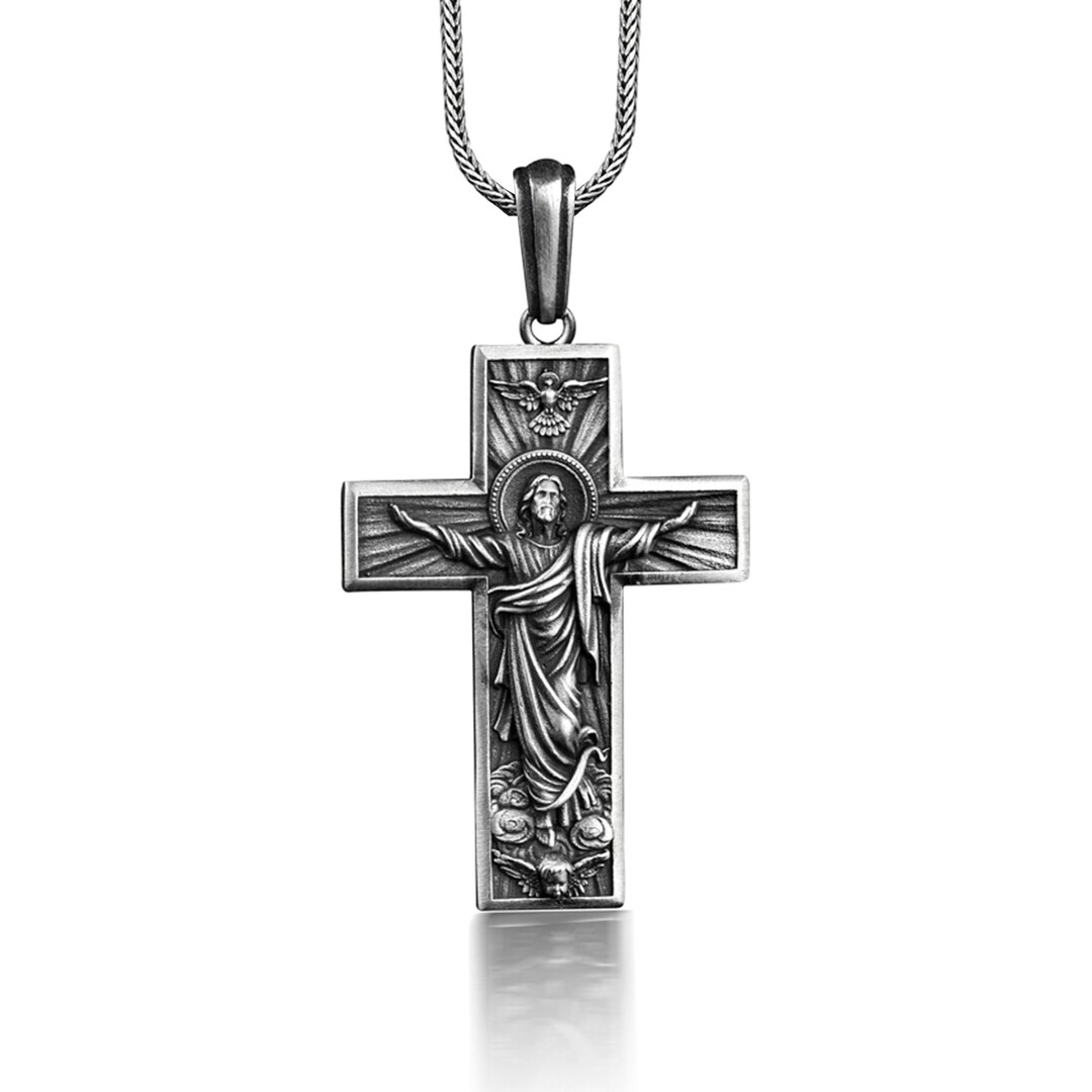 Ascension of Jesus Cross Necklace, Engraved Jesus in Cross Mens Pendant